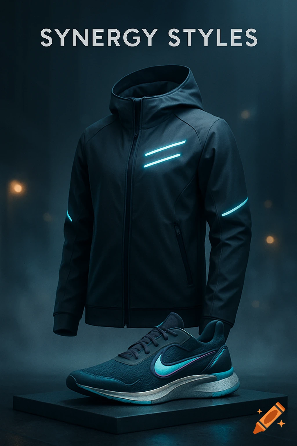 A dark blue hooded jacket with glowing blue stripes and a dark blue sneaker with a glowing blue swoosh, floating above a black podium, on a dark background.