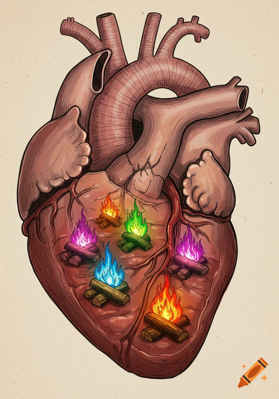 A hand-drawn illustration of a human heart with colorful campfires burning inside, representing personal altars.