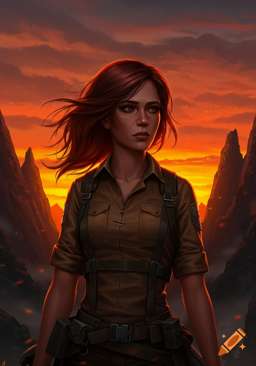 A woman with red hair and a brown tactical uniform stands against a fiery orange sunset and dark mountains in a digital painting.