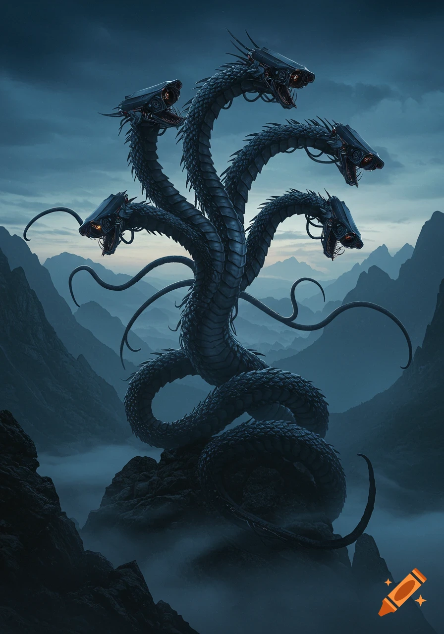 A multi-headed mechanical hydra stands on a rocky peak amidst misty mountains under a dark sky in a dark fantasy art style.