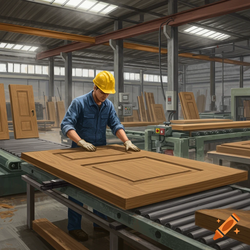 A man in a hard hat and work clothes inspects a wooden door panel on a conveyor belt in a factory.