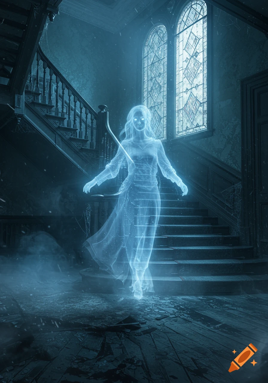 A translucent blue ghost of a woman floats in a dusty, dark, decaying mansion hall with a grand staircase and arched windows.