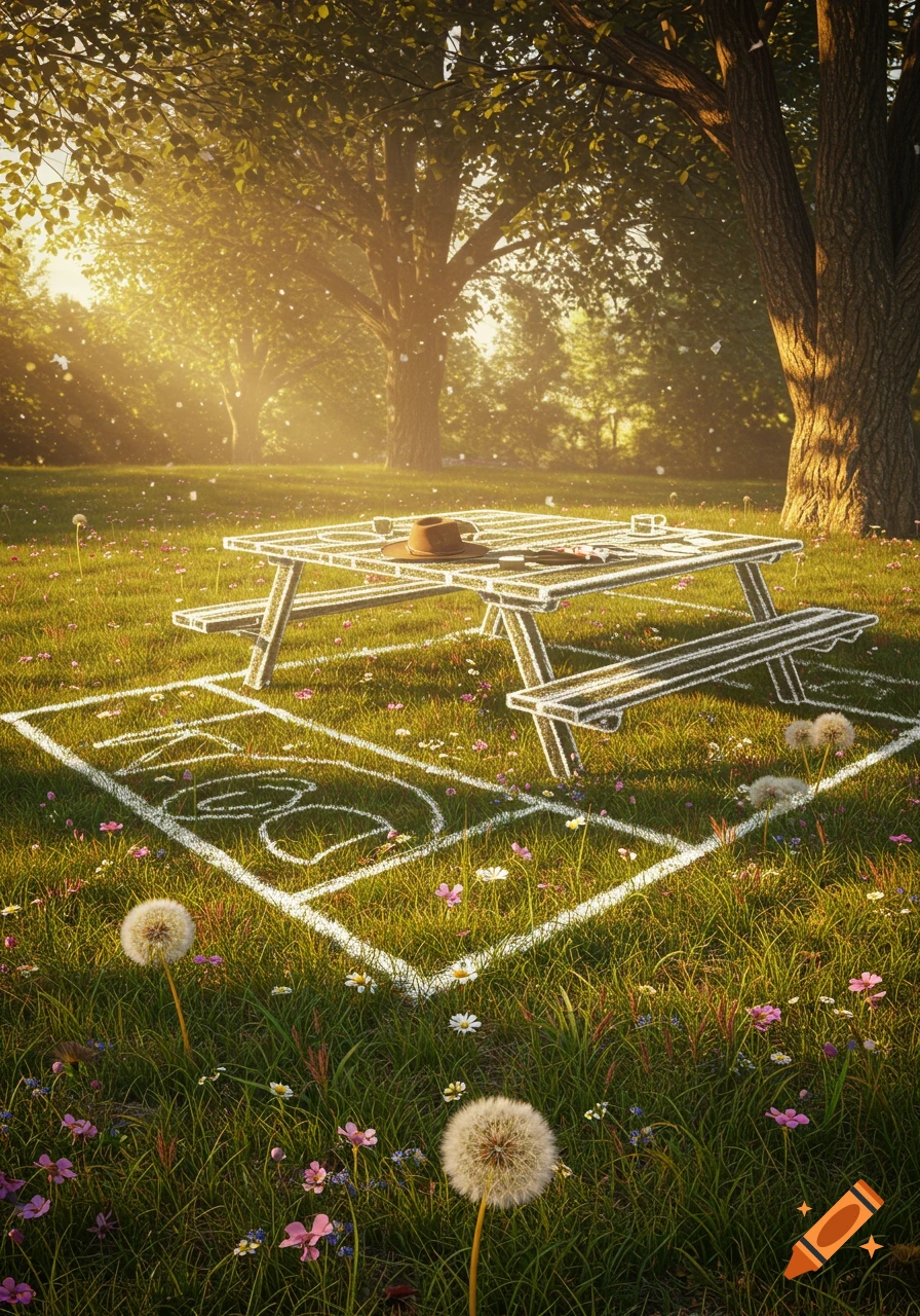 Conceptual image of a picnic table outlined like a crime scene in white chalk on a sunny, grassy meadow with wildflowers.