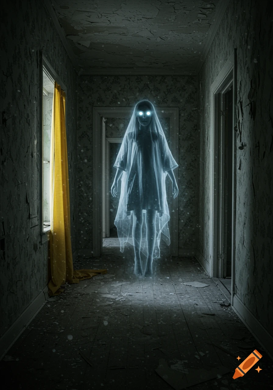 A glowing, ethereal ghost with bright eyes floats in the dark, dilapidated hallway of an abandoned house, with a yellow curtain.