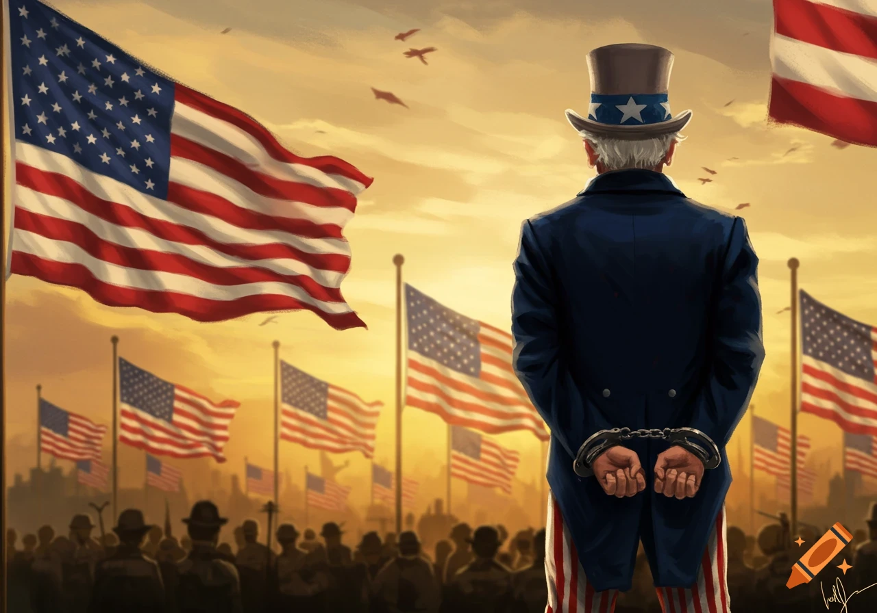 Stylized illustration of Uncle Sam viewed from behind, in handcuffs, facing a crowd and many waving American flags under a sunset sky.