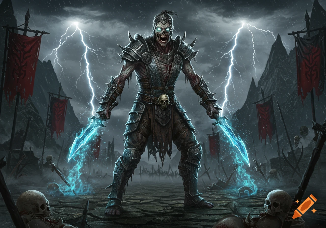 A menacing zombie warrior in armor holds glowing daggers on a stormy battlefield with lightning, skulls, and banners.