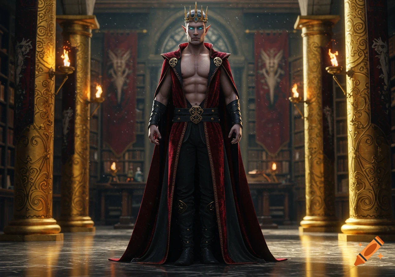 Photorealistic image of a majestic male fae king with an athletic build, wearing a crown and open red robes, standing in a grand library.