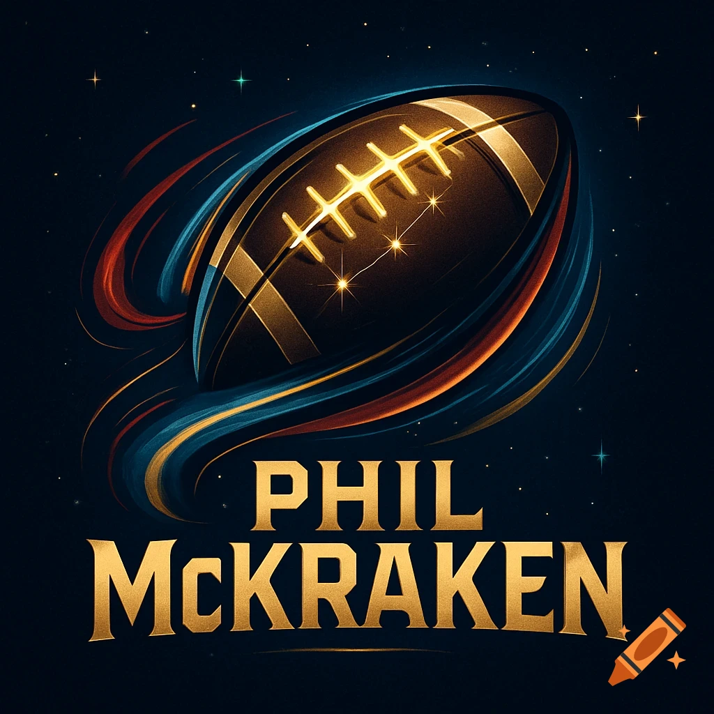 An illustrative logo featuring a glowing football surrounded by dynamic blue and orange streaks on a starry background, with the text 'PHIL McKRAKEN' in gold below.