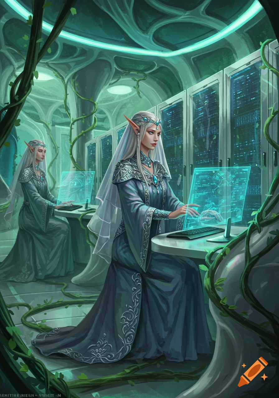 Two beautiful elven women with long white hair and elaborate blue and silver robes work at computer terminals in a glowing, vine-covered server room.