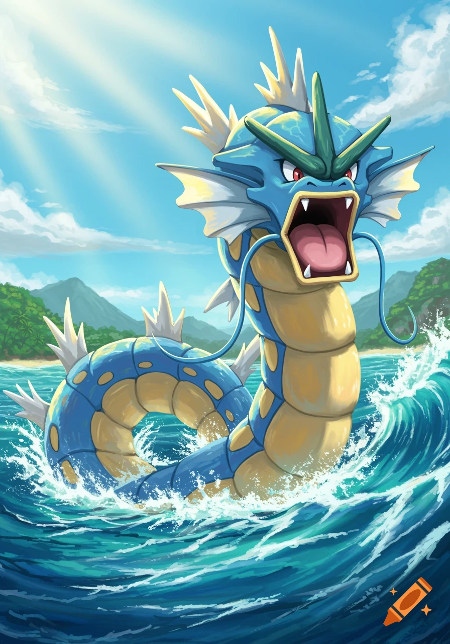 A large blue and yellow serpentine Gyarados emerges from stormy blue water under a bright sky, roaring with its mouth open. Tropical island background.