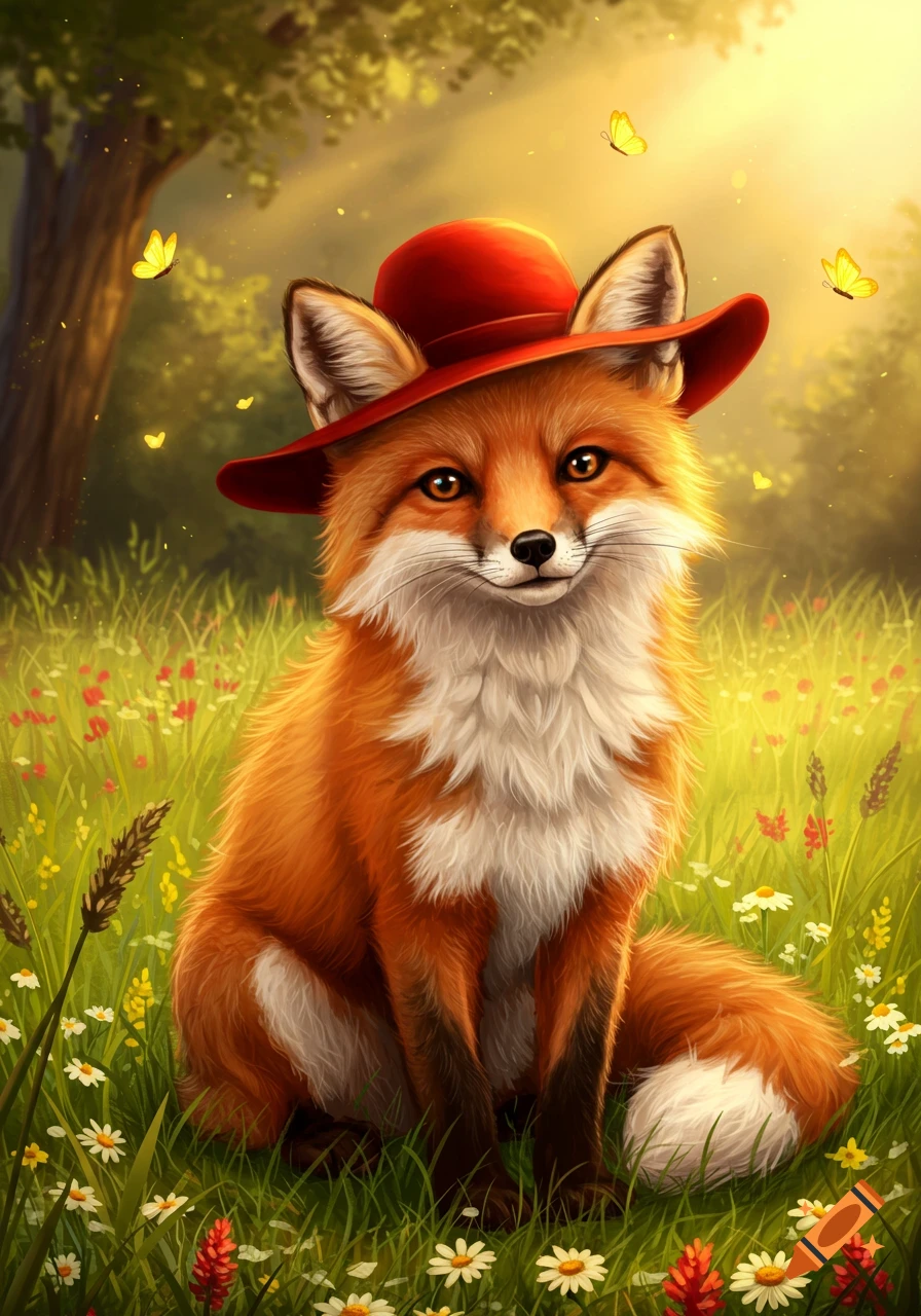 A cute orange fox wearing a red hat sits in a sunny green field filled with flowers and butterflies.