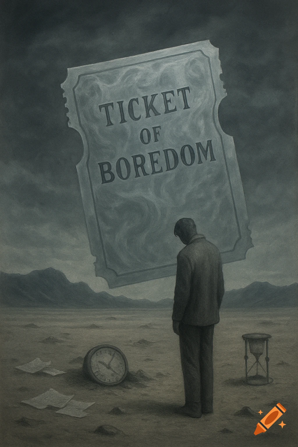 A man in a desolate landscape looks at a giant ticket labeled 'TICKET OF BOREDOM,' with a clock and hourglass nearby, in a melancholic, surreal art style.