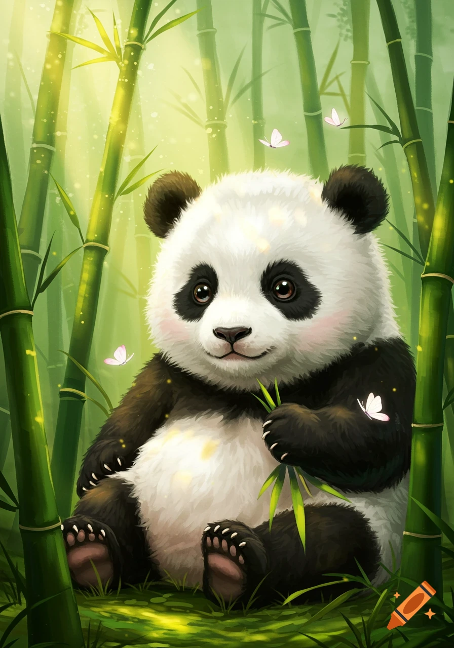 A cute fluffy baby panda sits in a lush bamboo forest, holding bamboo leaves, with light filtering through the stalks and butterflies.