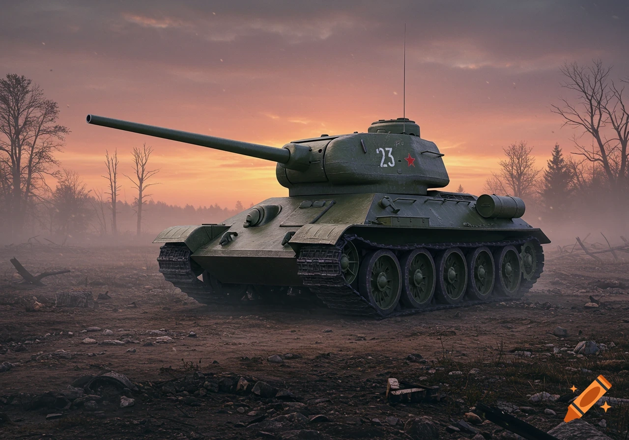Green T-34 tank with '23' and a red star on its turret, parked in a desolate, misty field at sunset.
