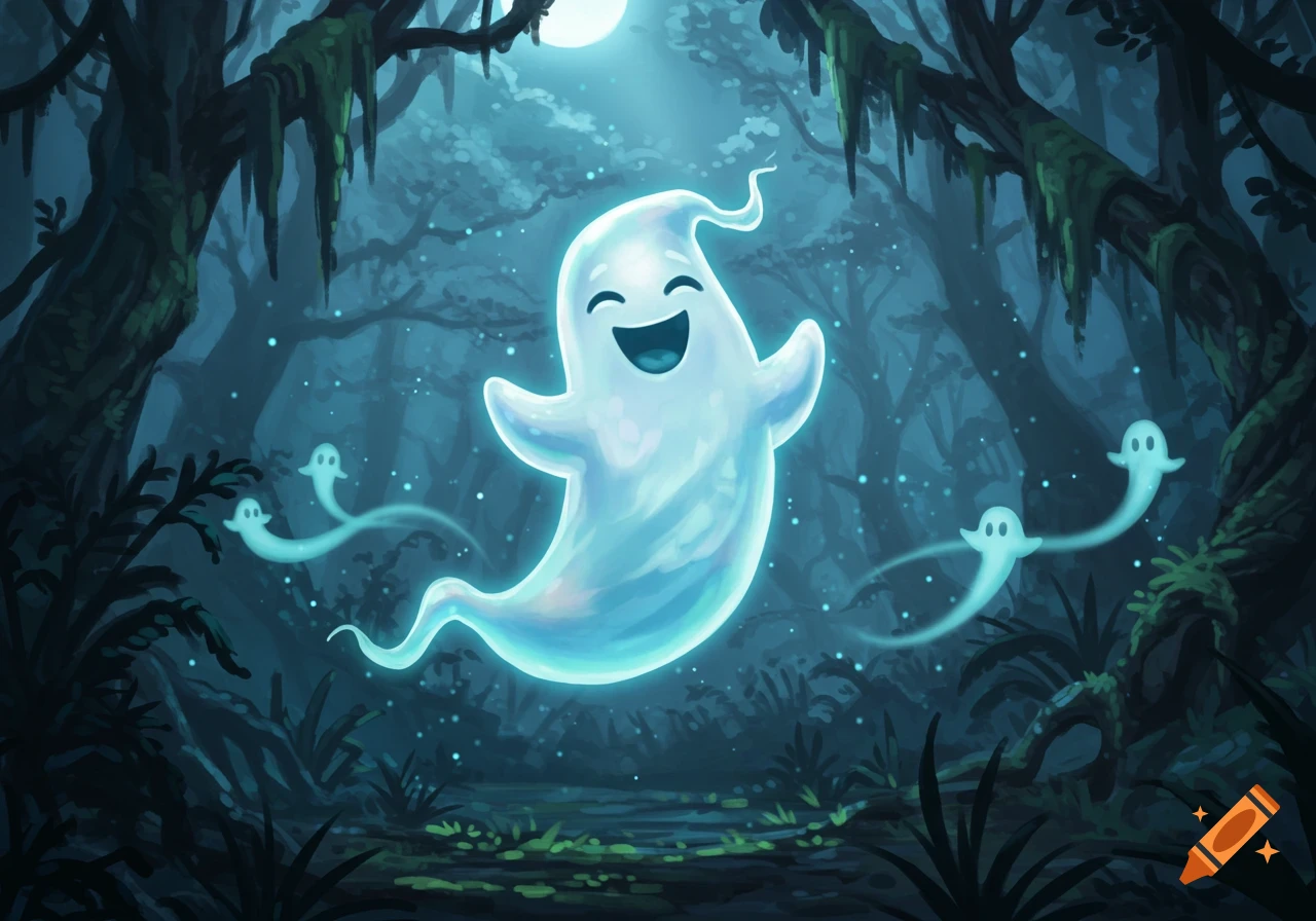 A large smiling ghost floats in a mystical, dark forest at night, surrounded by smaller trailing ghosts and glowing particles.