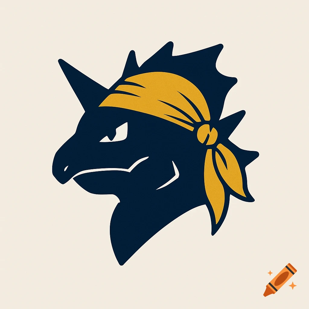A minimalist vector logo of a dark blue Nidoking head wearing a yellow durag, against a light cream background.