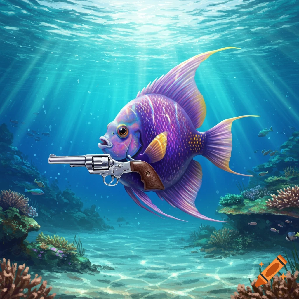A colorful purple angelfish holds a silver revolver while swimming underwater among coral reefs with sunrays shining down.