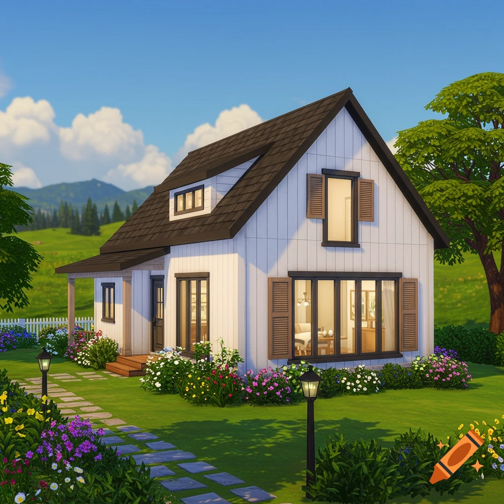 A cartoon-style white farmhouse with a dark brown roof and brown shutters, surrounded by a vibrant green lawn and colorful flowers, under a bright blue sky. A stone path leads to the front door.