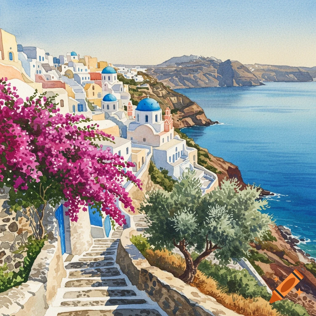 Watercolor painting of a Greek island town with white buildings, blue domes, pink flowers, and a blue sea.