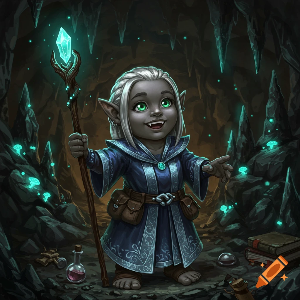 A cheerful deep gnome wizard with gray skin and bright green eyes, wearing a blue robe, holds a glowing crystal staff in a dark, glowing cave.