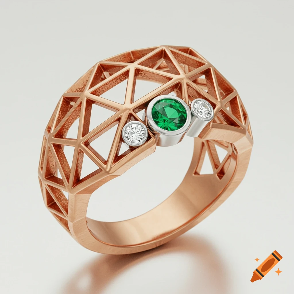 A rose gold ring with a geometric, openwork geodesic dome design featuring a central green emerald and two smaller white diamonds on a light background.