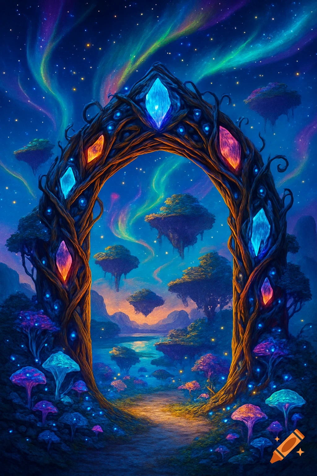 A vibrant fantasy landscape with a large, glowing crystal-adorned tree archway, colorful mushrooms, floating islands, and a starry, aurora-filled sky.