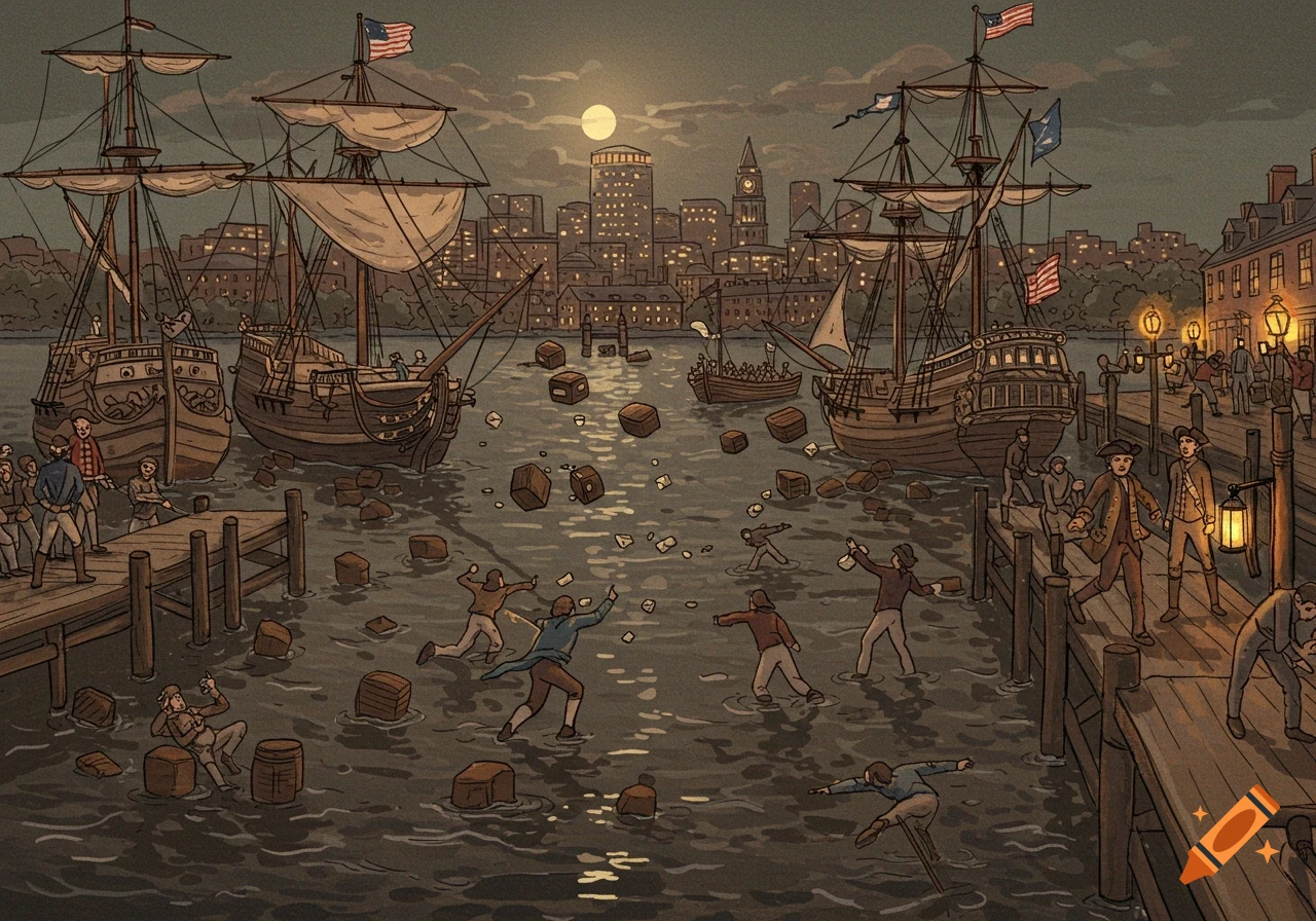 Stylized illustration of the Boston Tea Party at night, with colonists throwing crates into a harbor filled with ships, a city skyline in the background under a full moon.