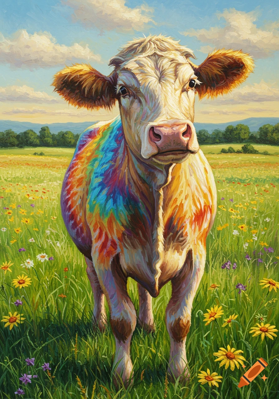 Oil painting of a colorful cow with rainbow fur standing in a vibrant green field with wildflowers.