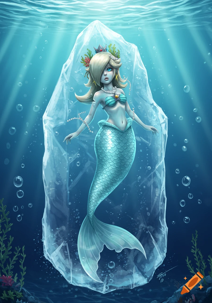 Rosalina, a mermaid, encased in a block of ice underwater with light rays filtering through the surface.