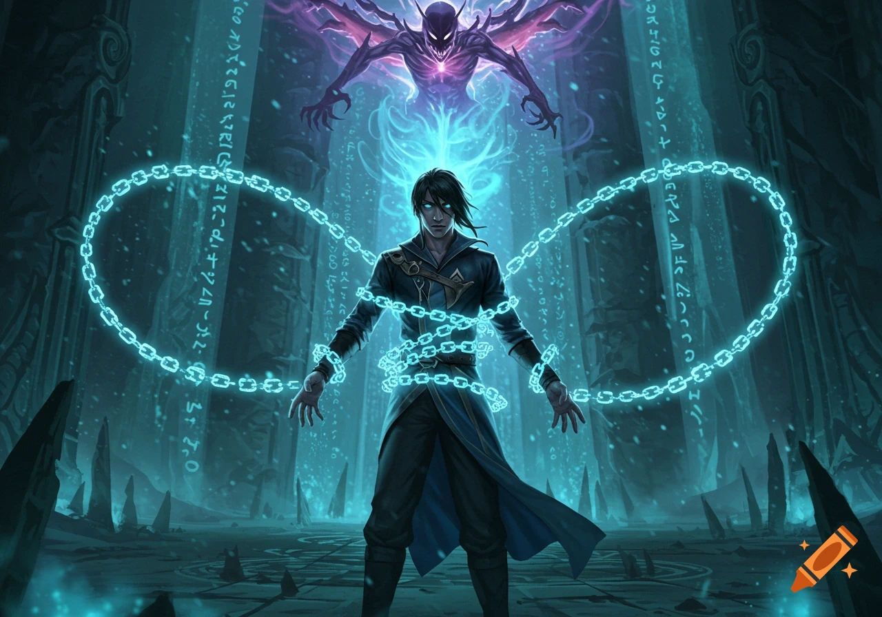 A man with glowing blue eyes is bound by glowing blue chains, looking up at a demonic purple creature with wings in a dark, mystical setting with glowing runes.
