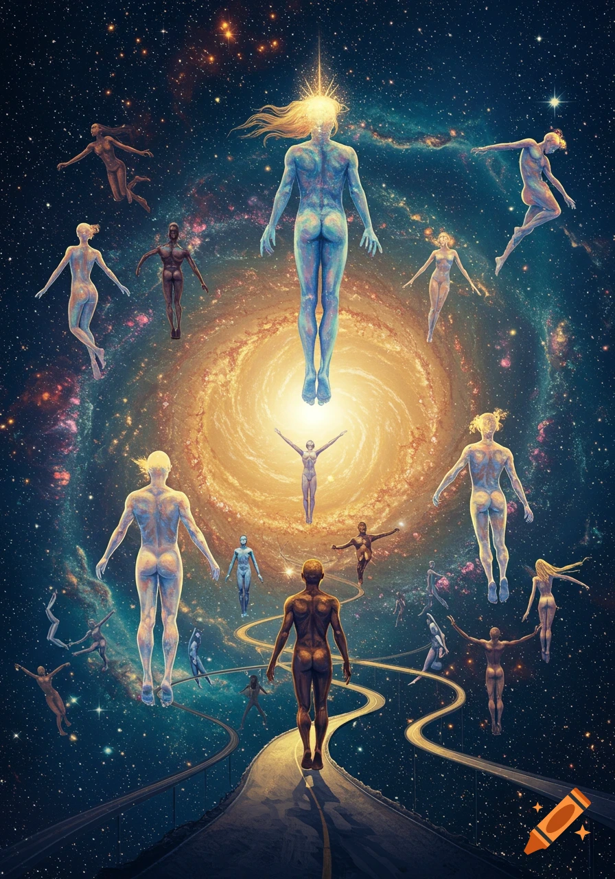 Artistic image of human figures floating and walking on a winding road through a cosmic galaxy and starry sky.