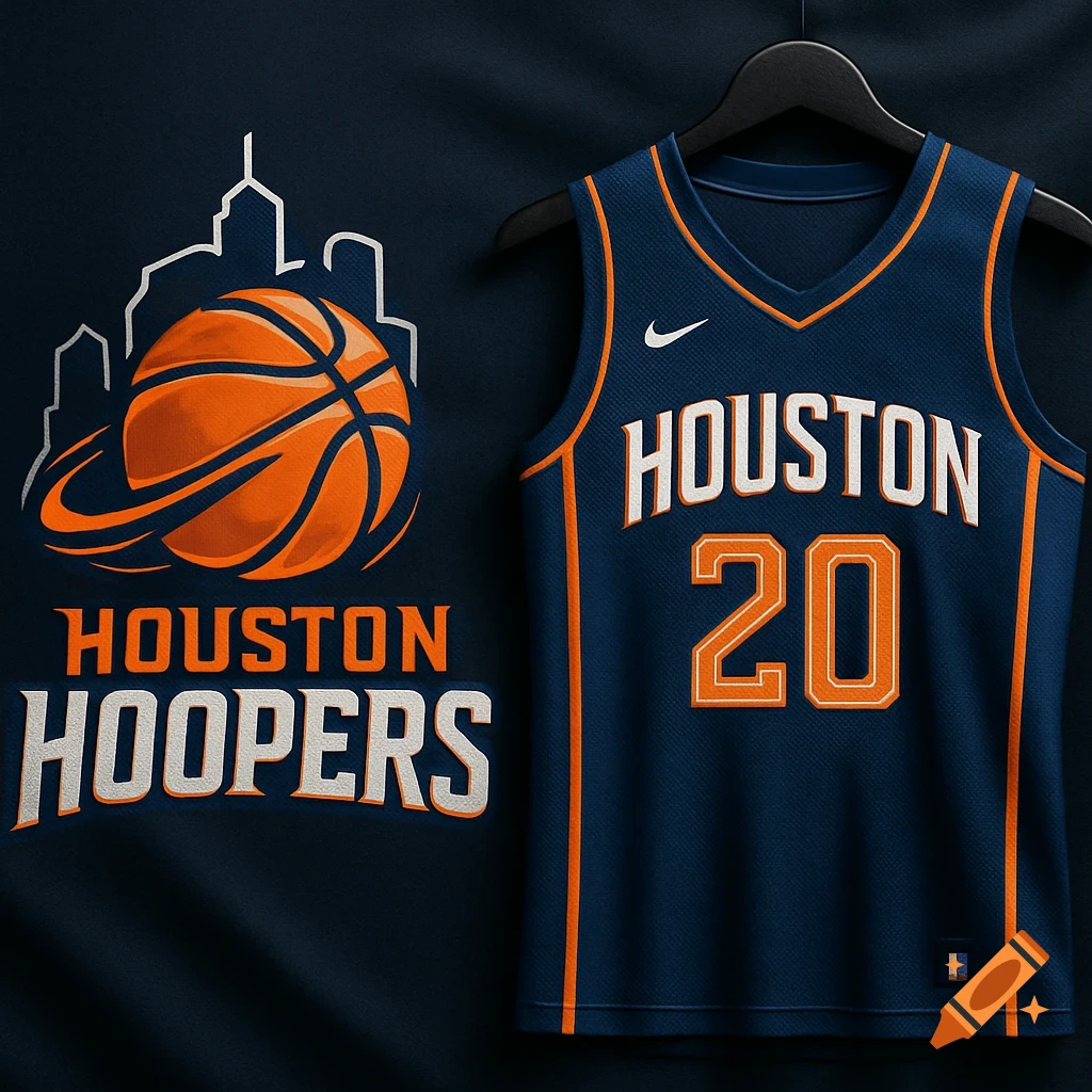 A dark blue basketball jersey with the name "HOUSTON" and number "20" in orange and white, alongside a logo featuring a basketball, city skyline, and the text "HOUSTON HOOPERS."