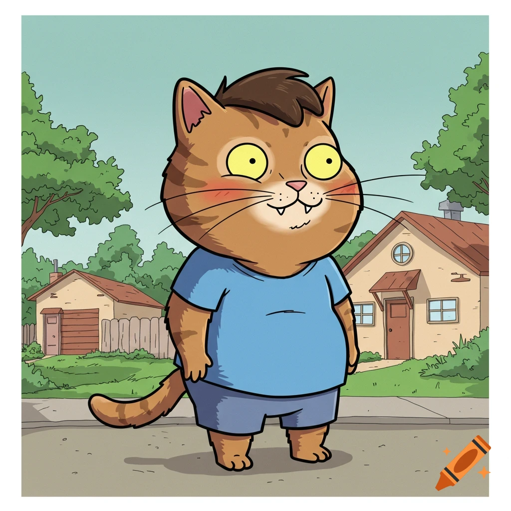 A cartoon cat character in a blue shirt and shorts stands on a sidewalk in a suburban neighborhood.