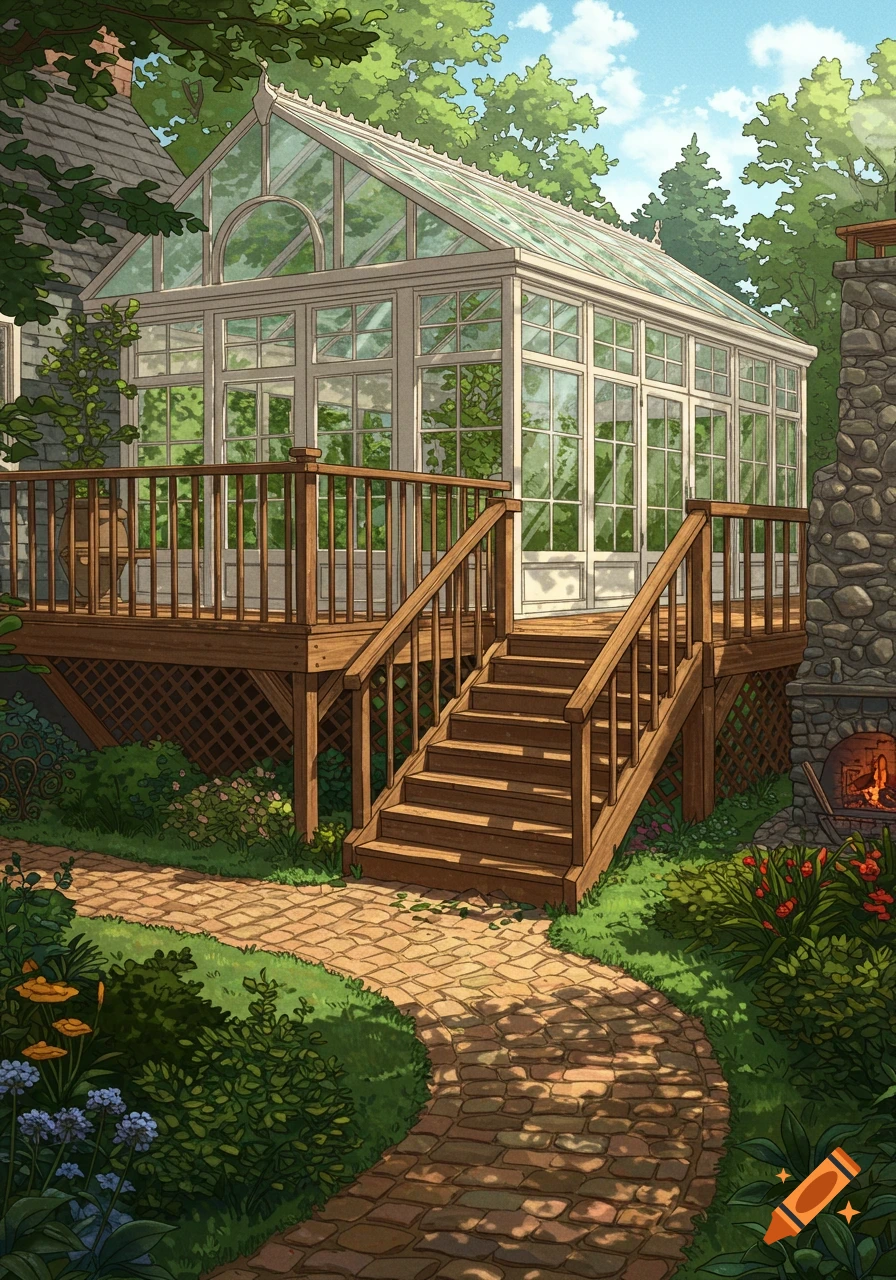 A detailed illustration of a white sunroom with a wooden deck, stairs, stone chimney, and winding brick path through a lush garden.