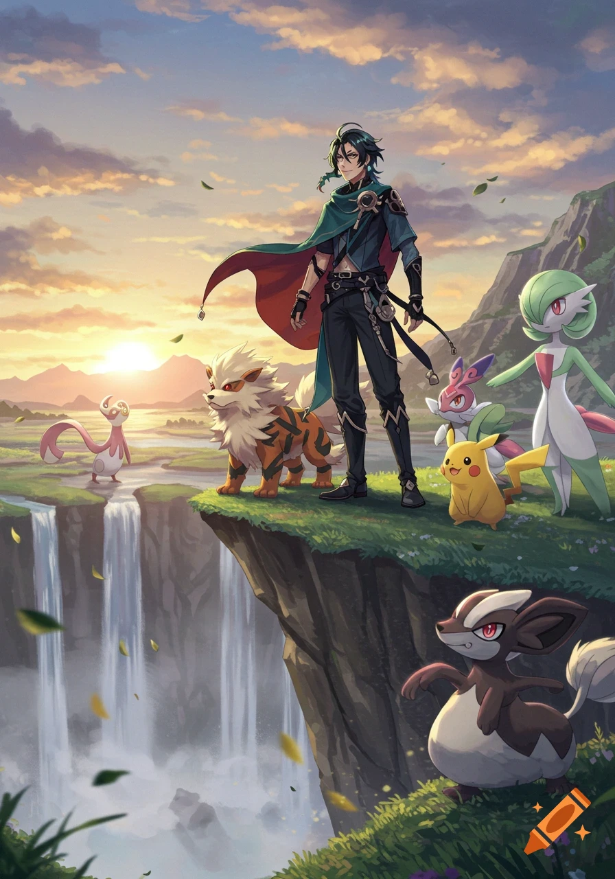 Kaveh, a Genshin Impact character, as a Pokmon trainer with Arcanine, Pikachu, Gardevoir, and others on a cliff overlooking waterfalls at sunset in an anime style.