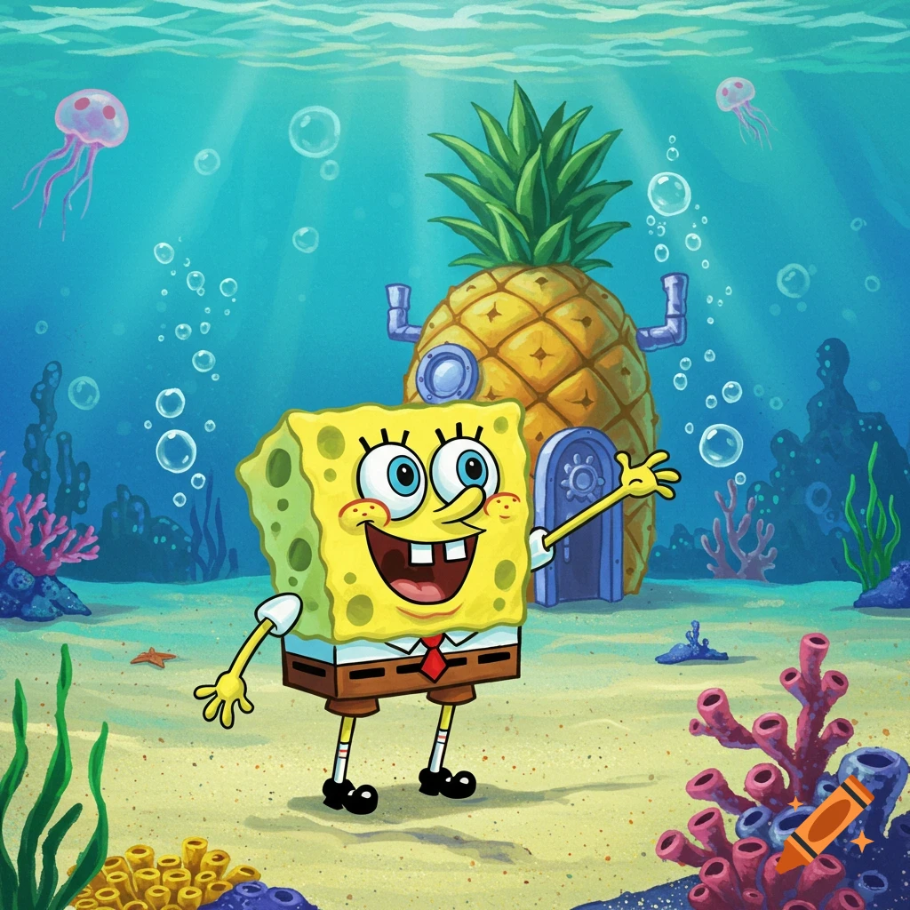 Spongebob Squarepants smiles and waves underwater in front of his pineapple house, with jellyfish and coral.