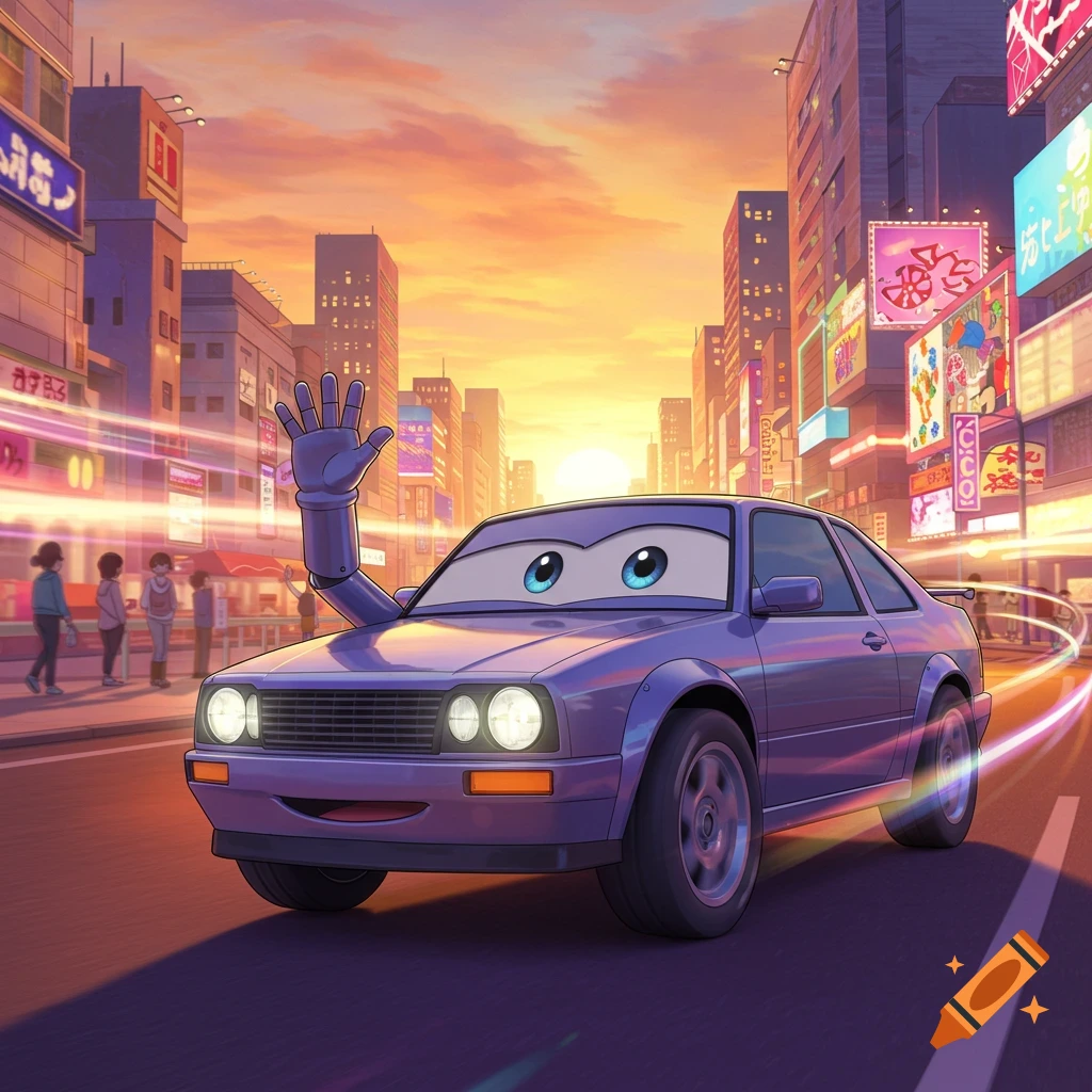 A friendly purple cartoon car with blue eyes waves on a city street at sunset, surrounded by neon-lit buildings in an anime style.