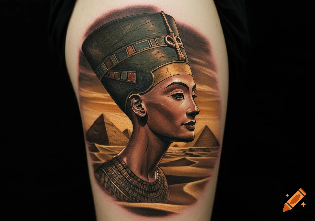 A realistic tattoo of Nefertiti's bust in profile, wearing her tall crown, with pyramids in a desert background under an orange sky.