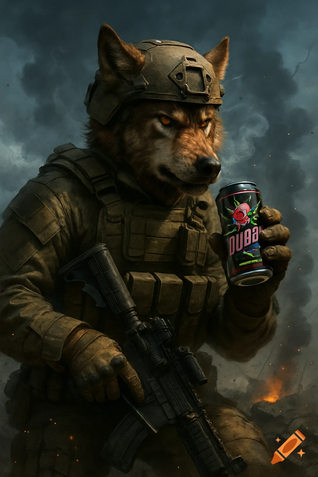 A photorealistic wolf soldier in military gear holds an energy drink on a smoky battlefield.