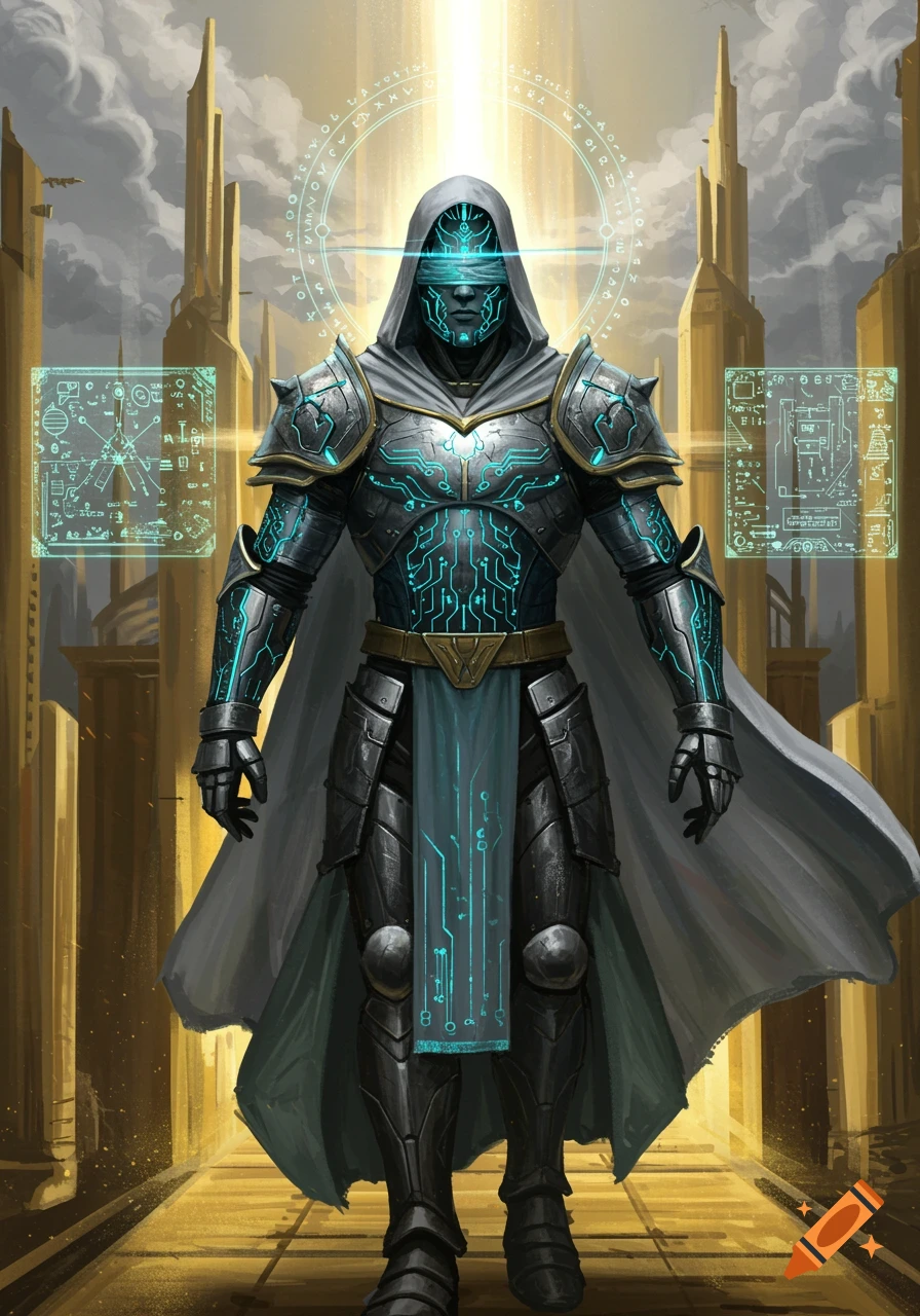 A blind tech paladin in elaborate, dark armor with glowing blue circuit patterns stands in a futuristic city, bathed in golden light.