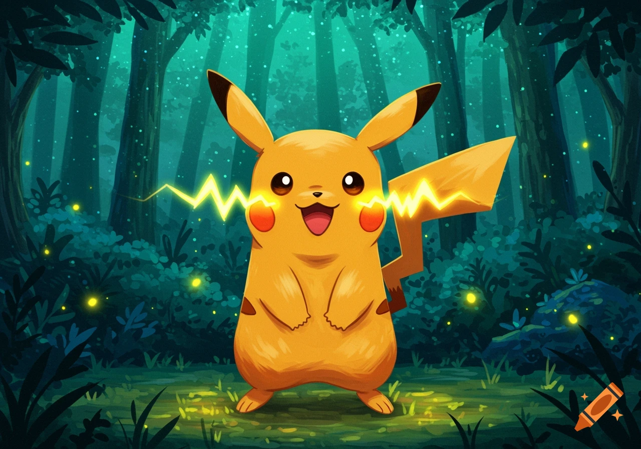 Pikachu stands in a dark forest, smiling with glowing red cheeks and emitting yellow lightning from its cheeks and tail.