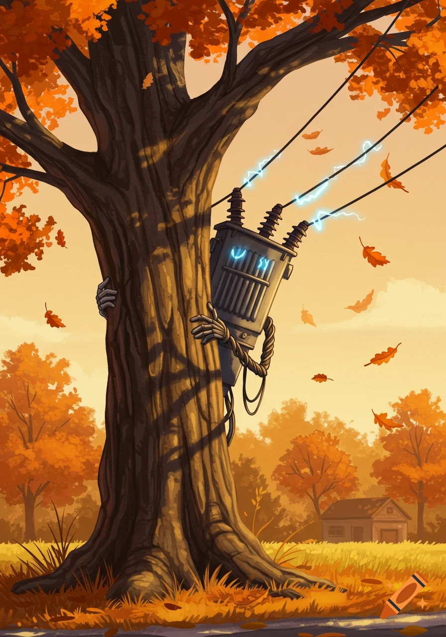 A whimsical transformer peeking from behind a large autumn tree, with orange leaves falling and a house in the background, in a cartoon style.