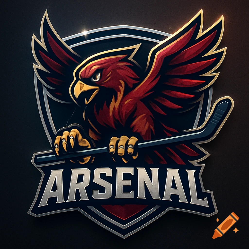 A hockey logo featuring a fierce red and black eagle holding a hockey stick, with the name "ARSENAL" in bold letters.