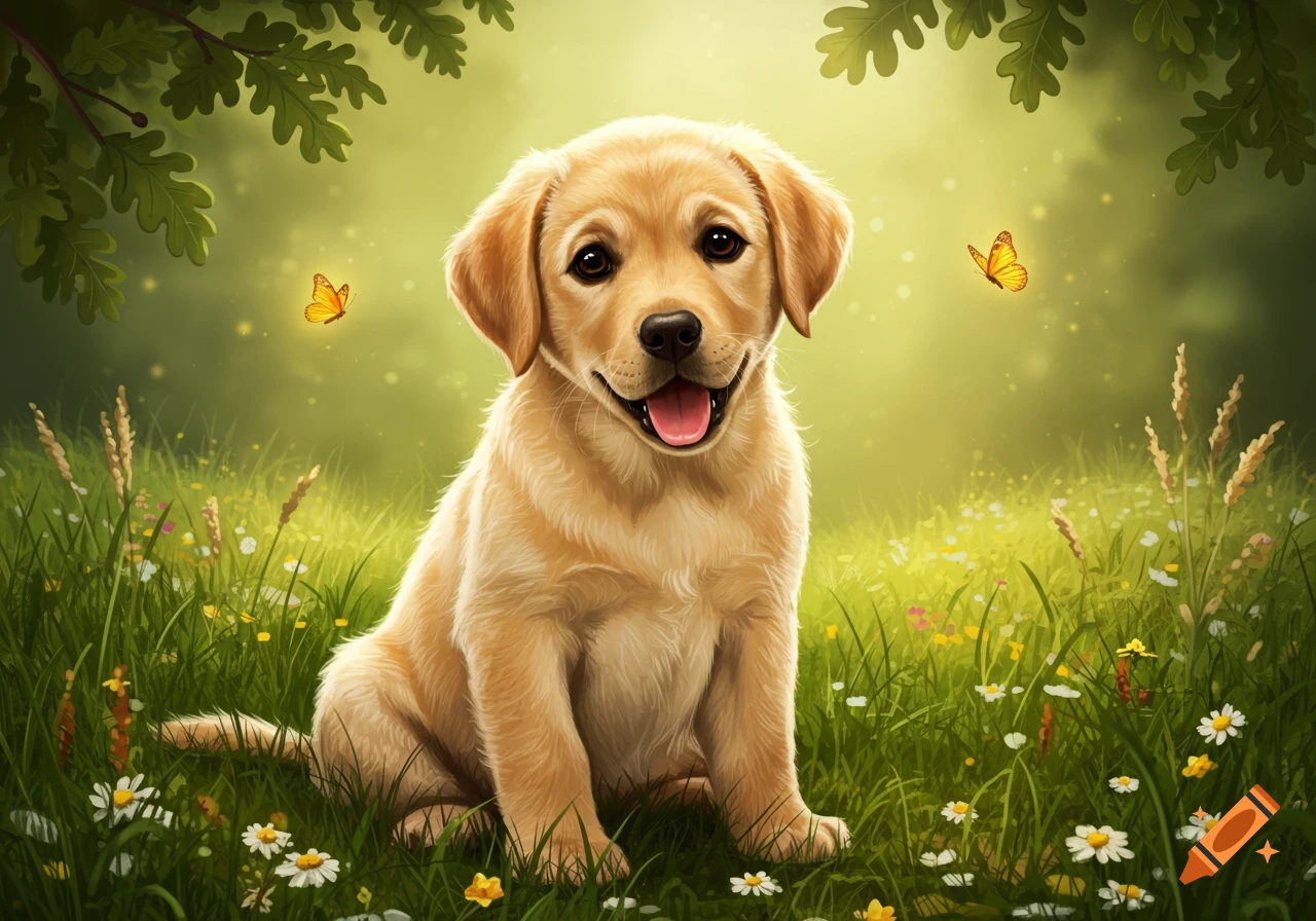 A happy golden Labrador puppy sits in a green field with wildflowers and butterflies, framed by tree leaves.