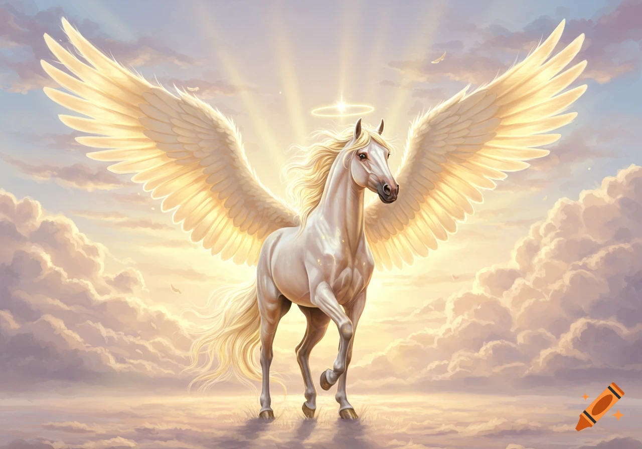 A majestic white Pegasus with golden wings and a halo stands among bright clouds with sun rays.