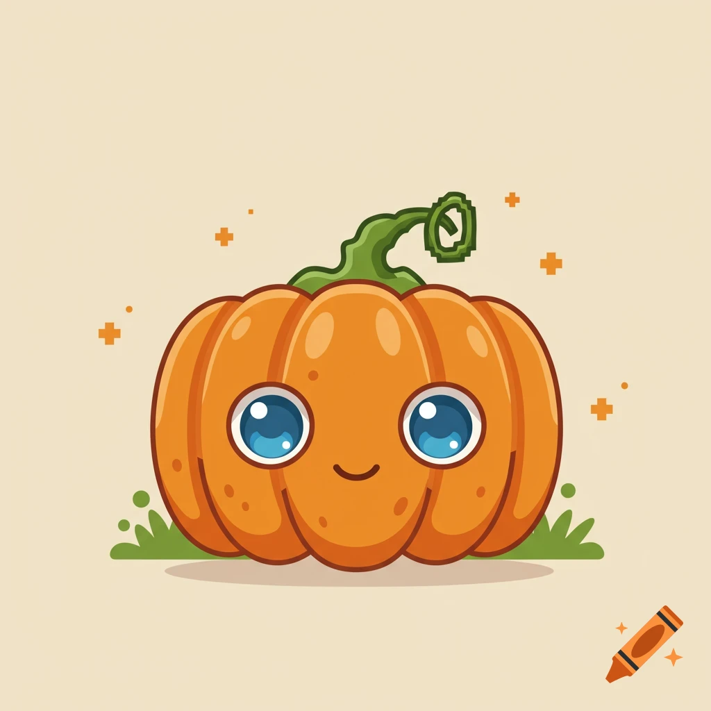 A cute, cartoon orange pumpkin with large blue eyes and a green pixelated stem, standing on grass with pixel stars.
