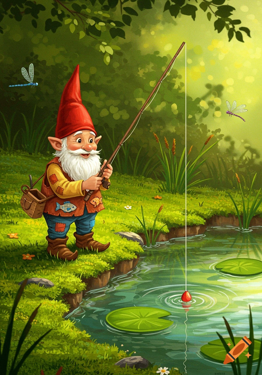 A whimsical illustration of a bearded gnome in a red hat fishing in a green forest stream with dragonflies.