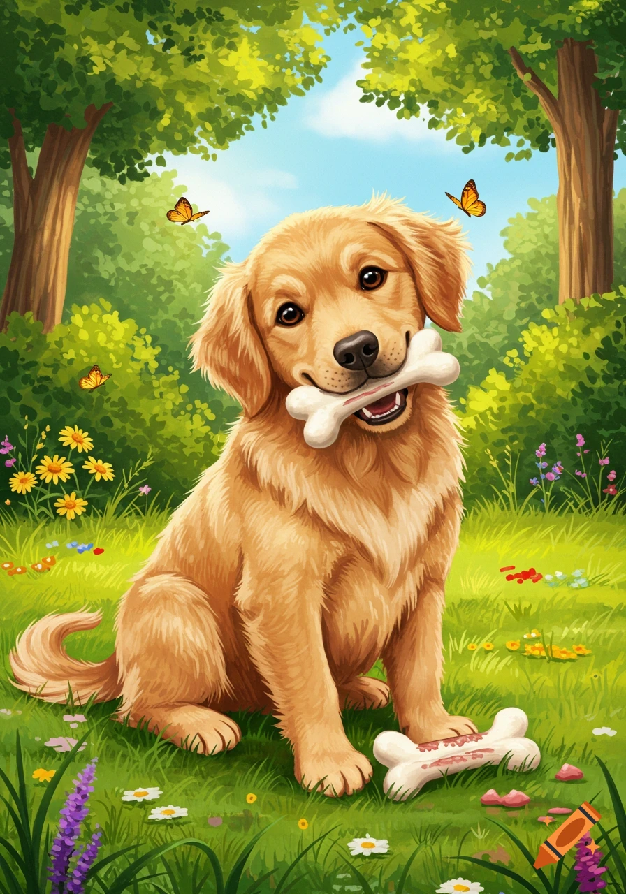 Vibrant illustration of a golden retriever puppy sitting in a sunny green field, holding a bone, with flowers and butterflies.