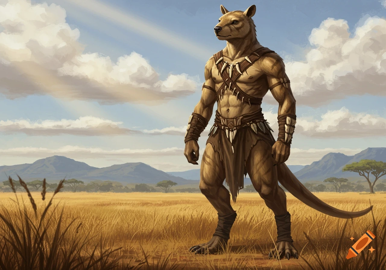 Muscular anthropomorphic thylacoleo in a savanna with mountains and a cloudy sky, digital painting style.