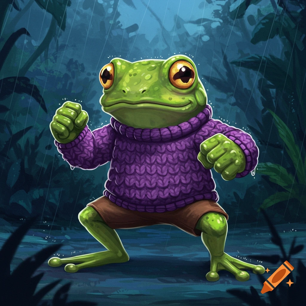 An anthropomorphic green frog brawler with large eyes wears a purple knitted sweater and brown shorts, standing in the rain in a dark forest.
